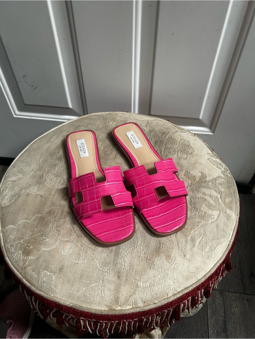 Sz-9.5 Steven New York Hanna Pink Croc-Embossed Slide Sandals-new